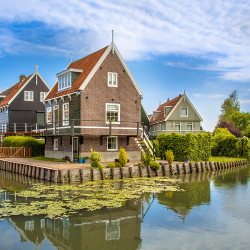 Beautiful typical fisherman village houses in Marken island Waterland, in the Ijsselmeer or formerly Zuiderzee, the Netherlands